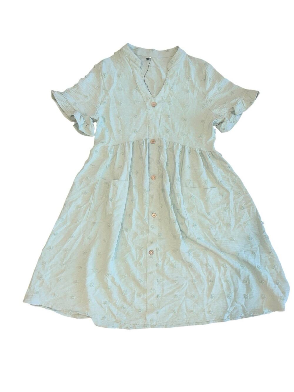 Womens Mint Green Swiss Dot Babydoll Dress Button Front Flutter Sleeve Style